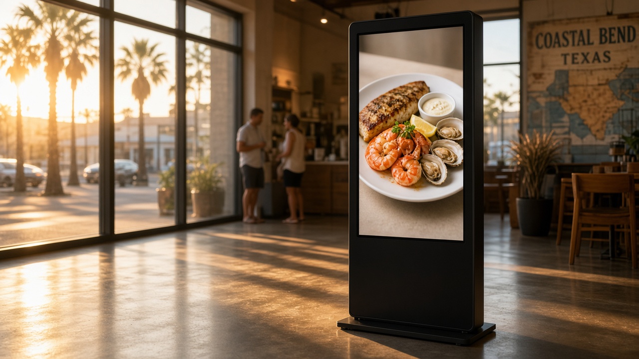 Floor-standing 32-inch indoor kiosk in a Coastal Bend storefront at golden hour