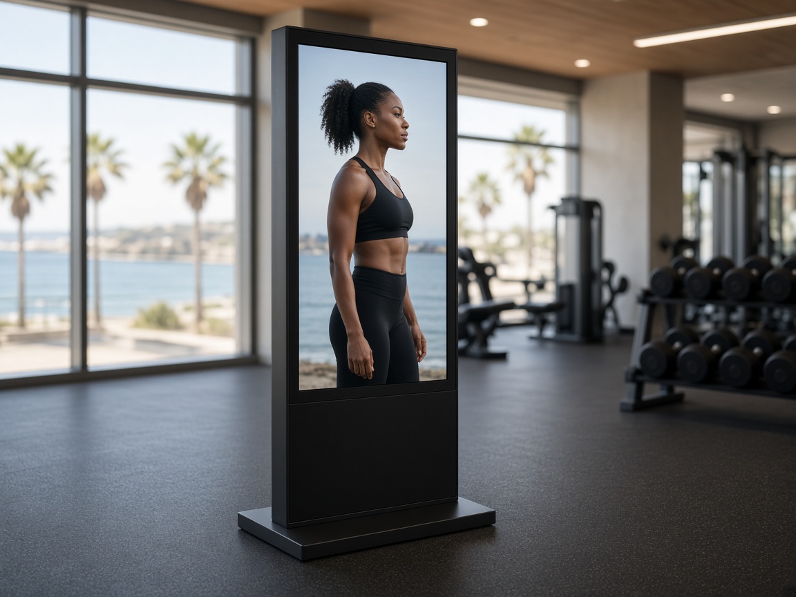 Floor-standing kiosk in a Coastal Bend gym lobby