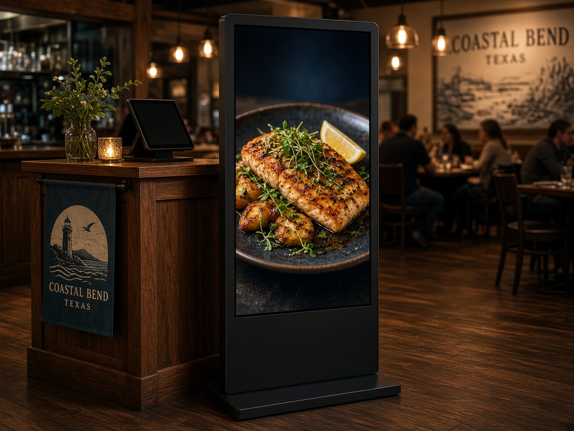 32-inch floor kiosk beside a Coastal Bend restaurant host stand